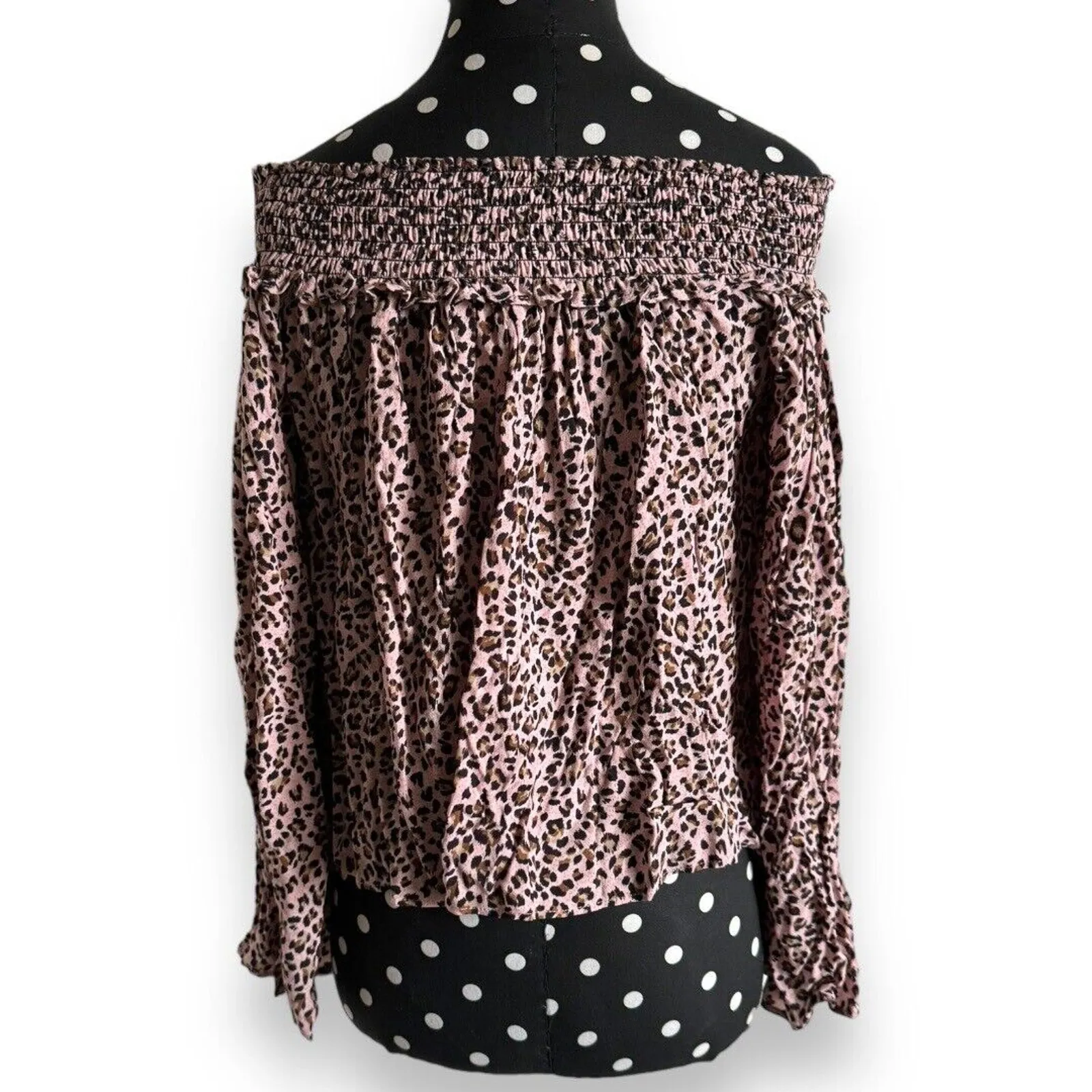 Free People Movement Womens Blouse Sz M‎ Pink Leopard Smocked Off Shoulder Bell - Image 5
