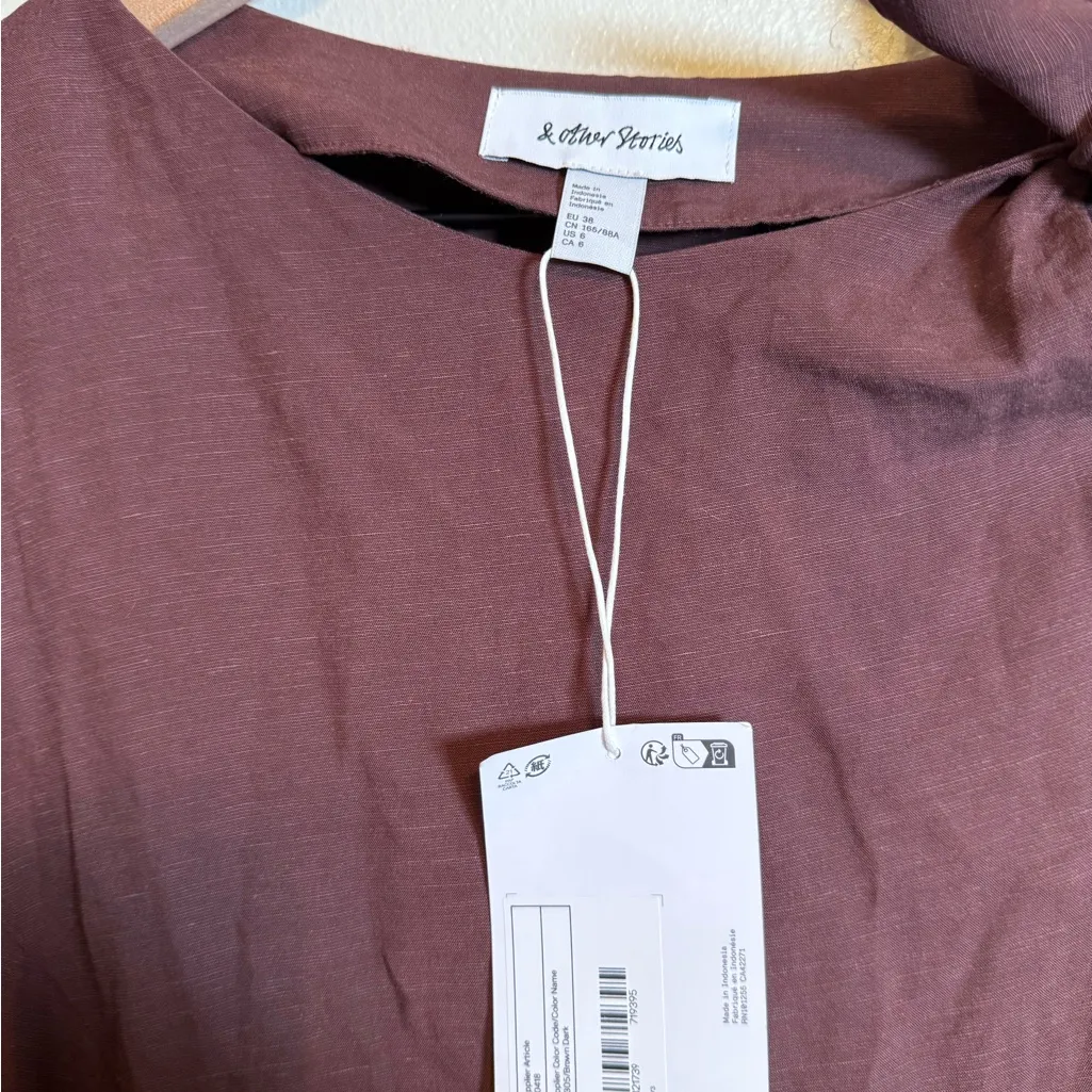 & Other Stories Knot-Detail Linen Blend Midi Dress in Dark Brown - Image 5