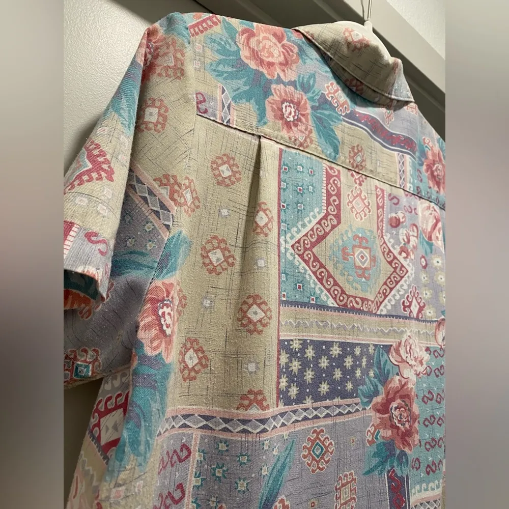 VTG 80s Alfred Dunner Beige Floral & Tribal Patterned Button-Up Shirt Blouse - L - Image 13