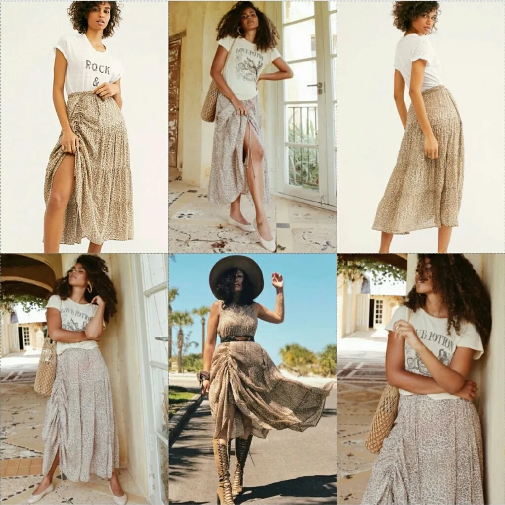 Spell Frankie Peasant Skirt Cheetah Print Boho Maxi Beige Small EUC Brown - Image 9