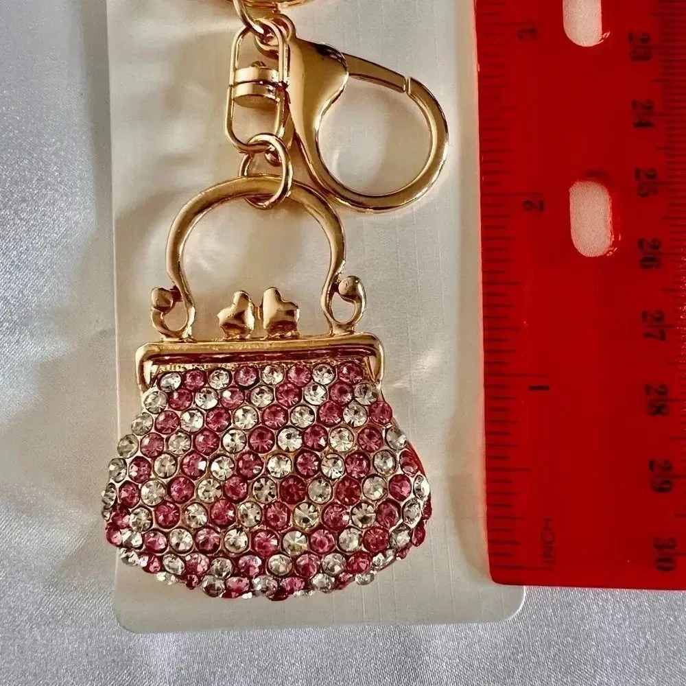 Mini Purse Bag And Key Chain Charm Pink Crystal Rhinestone Gold Tone Hardware - Image 5