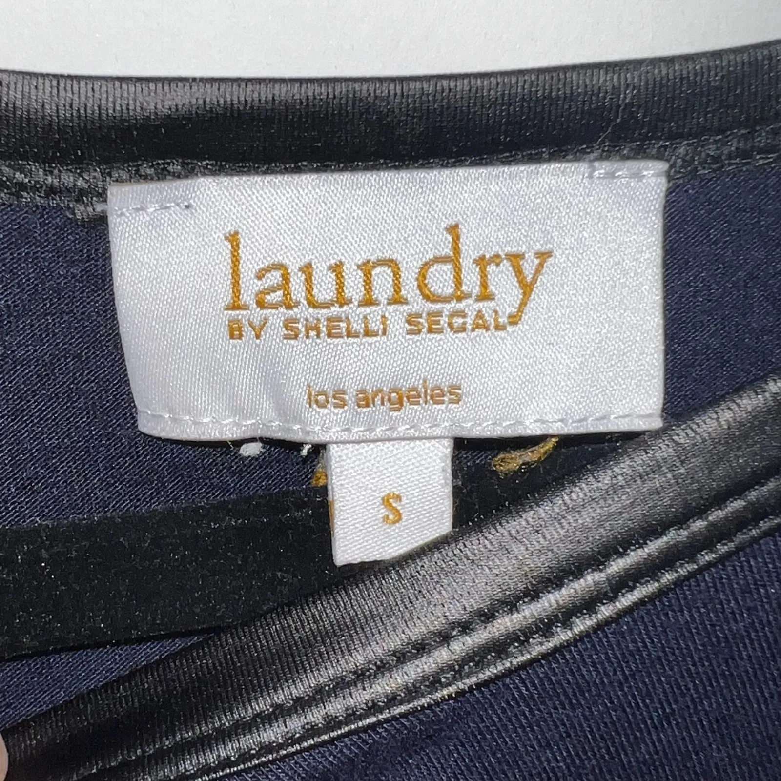 Laundry Long Sleeve Top Stretch Blouse Faux Leather Trim & Cuffs Size Small Navy - Image 3