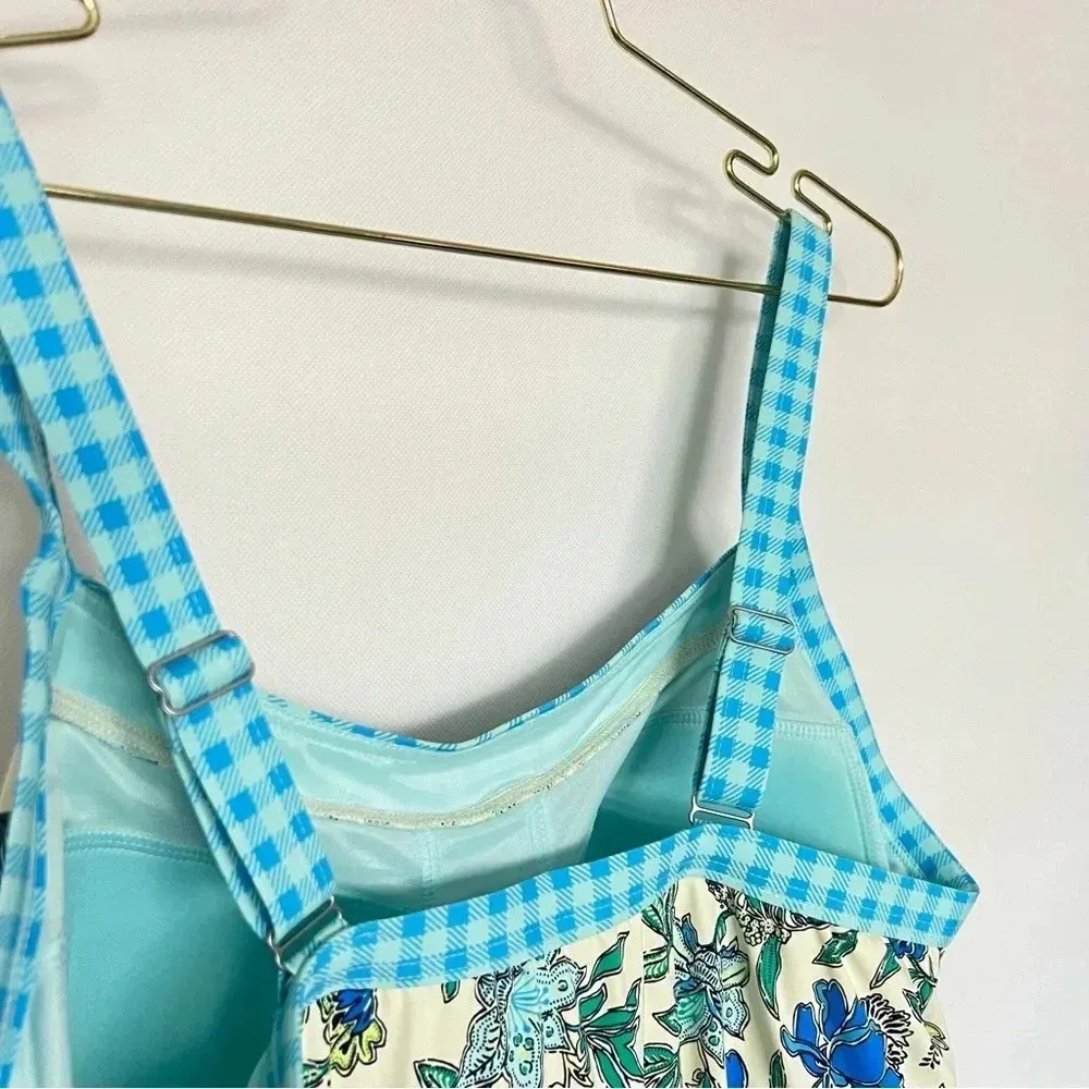 Lands' End Tankini Top Size 12 DD Blouson Lotus Floral/Gingham Swimsuit Blue - Image 8