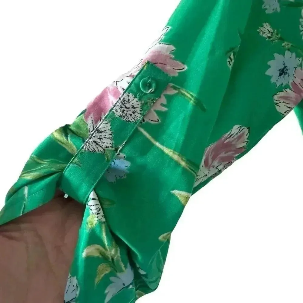 Anthropologie Daniel Rain Green Floral Print 3/4 Sleeve Tie Dress SZ M #2194 - Image 4