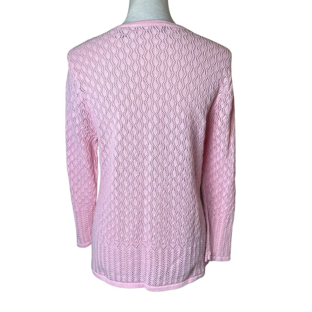 Vintage Crystal Kobe Petal Pink Open Knit Cardigan Size Large Barbie Preppy Y2K - Image 3