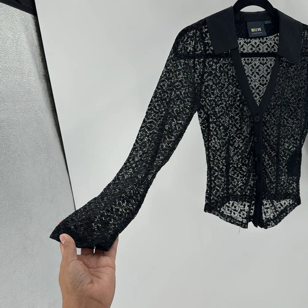 Maeve For Anthropologie Black Lace Button Down Blouse sexy  grunge goth size XS - Image 7