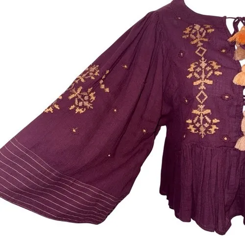 FREE PEOPLE‎ Oversized Plum Top With Peach Embroidery EUC Size Small - Image 5