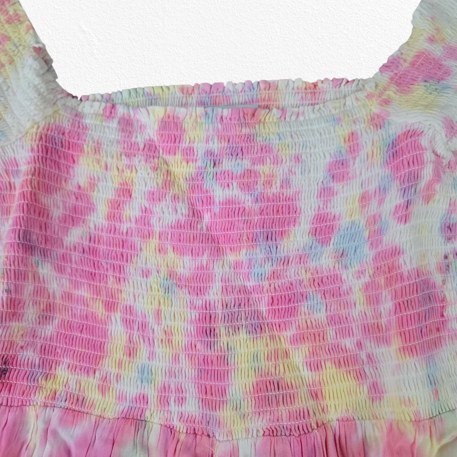 Pink White Tie Dye Smocked Off the Shoulder Area Stars Kaia Dress Size Medium - Image 5