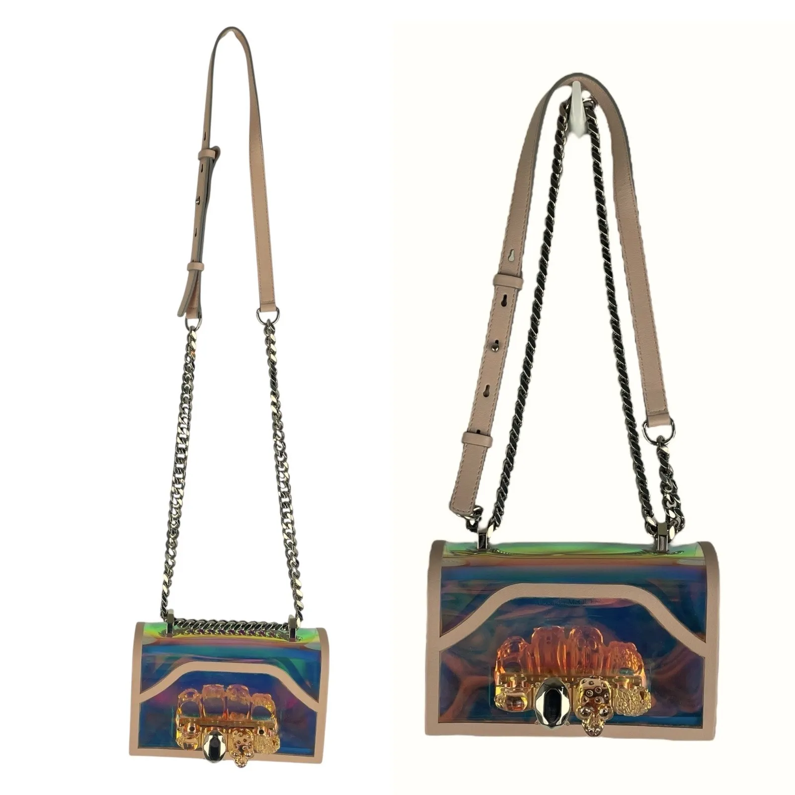 Alexander McQueen Mini Jewelled Crossbody Bag Holographic Pink PVC Leather - Image 16