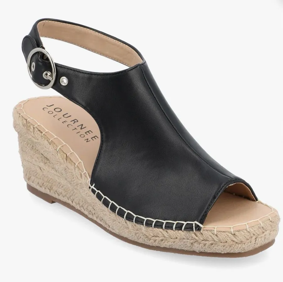 NEW Journee Collection Black Vegan Leather Crew Wedge Espadrilles Shoes 7.5 $93 - Image 1