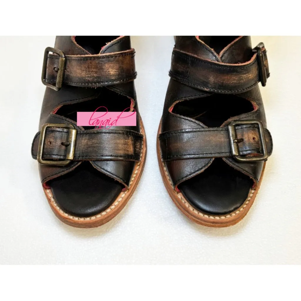 Freebird Steven Quail Black Brown Leather Buckle Cut-Out Low-Heel Sandal Booties - Image 3