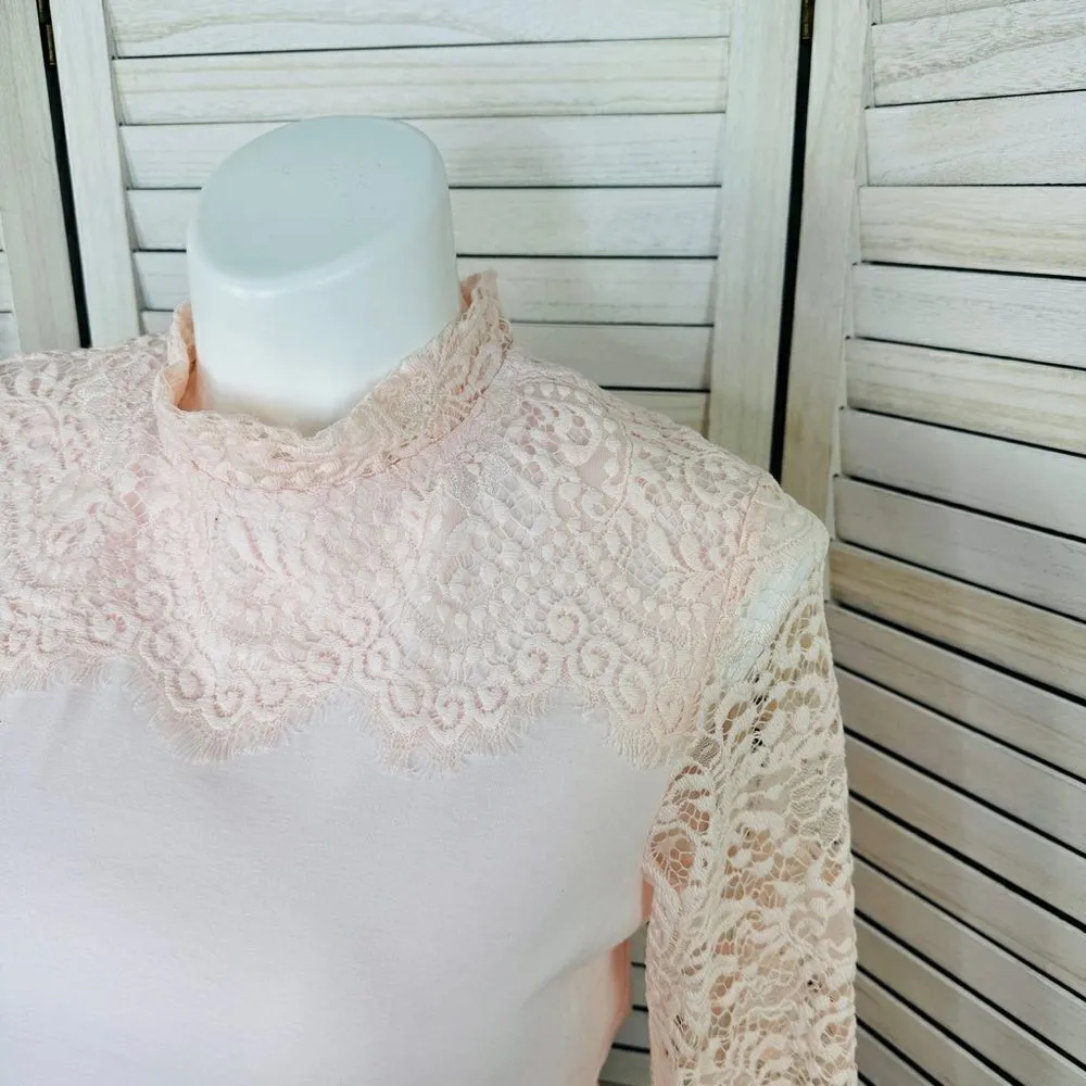 Bedford Fair Lace Sleeve Mock Neck Shirt Pink Large Tee Coquette Victorian Soft‎ - Image 5