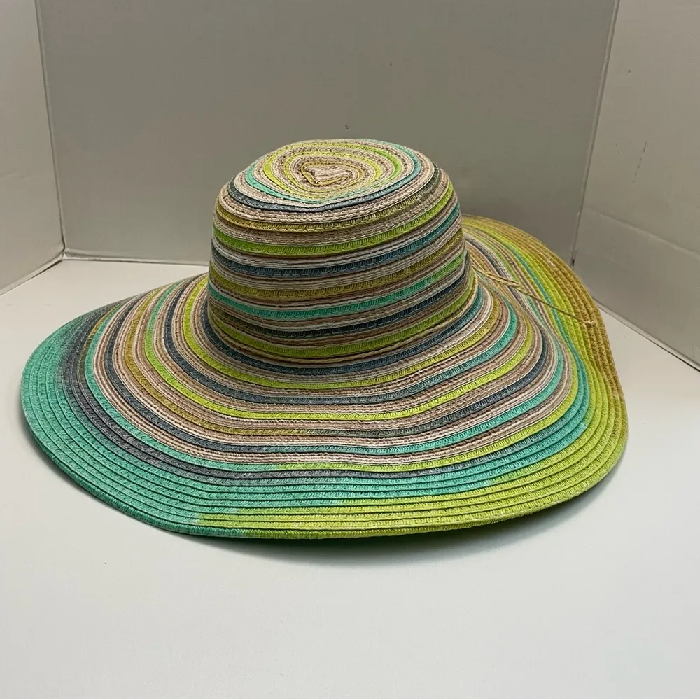 Panama Jack Hat Sun Straw Paper Wide Brim Beach Travel Striped Green Yellow Grey - Image 6