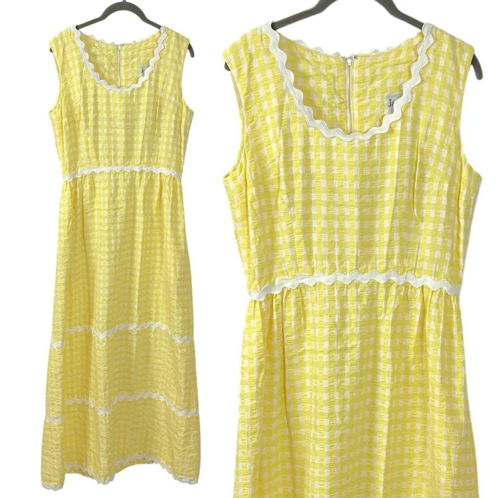 Vintage 70s Jamison Boutique Seersucker Yellow Gingham Maxi Dress Ric Rac Medium - Image 5