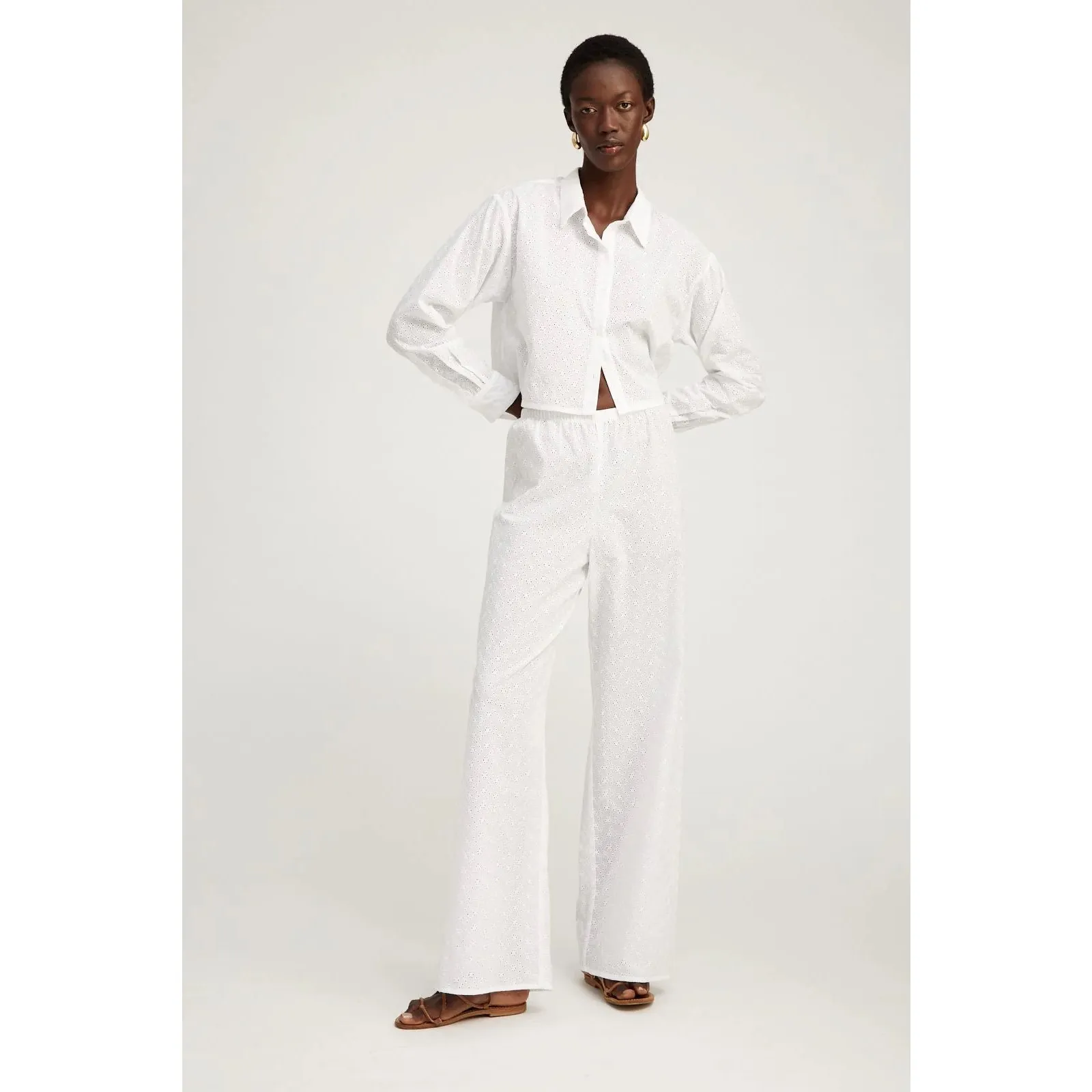 SPRWMN White Eyelet Lace Cropped Button Down Oversized Shirt NEW XS - Image 9