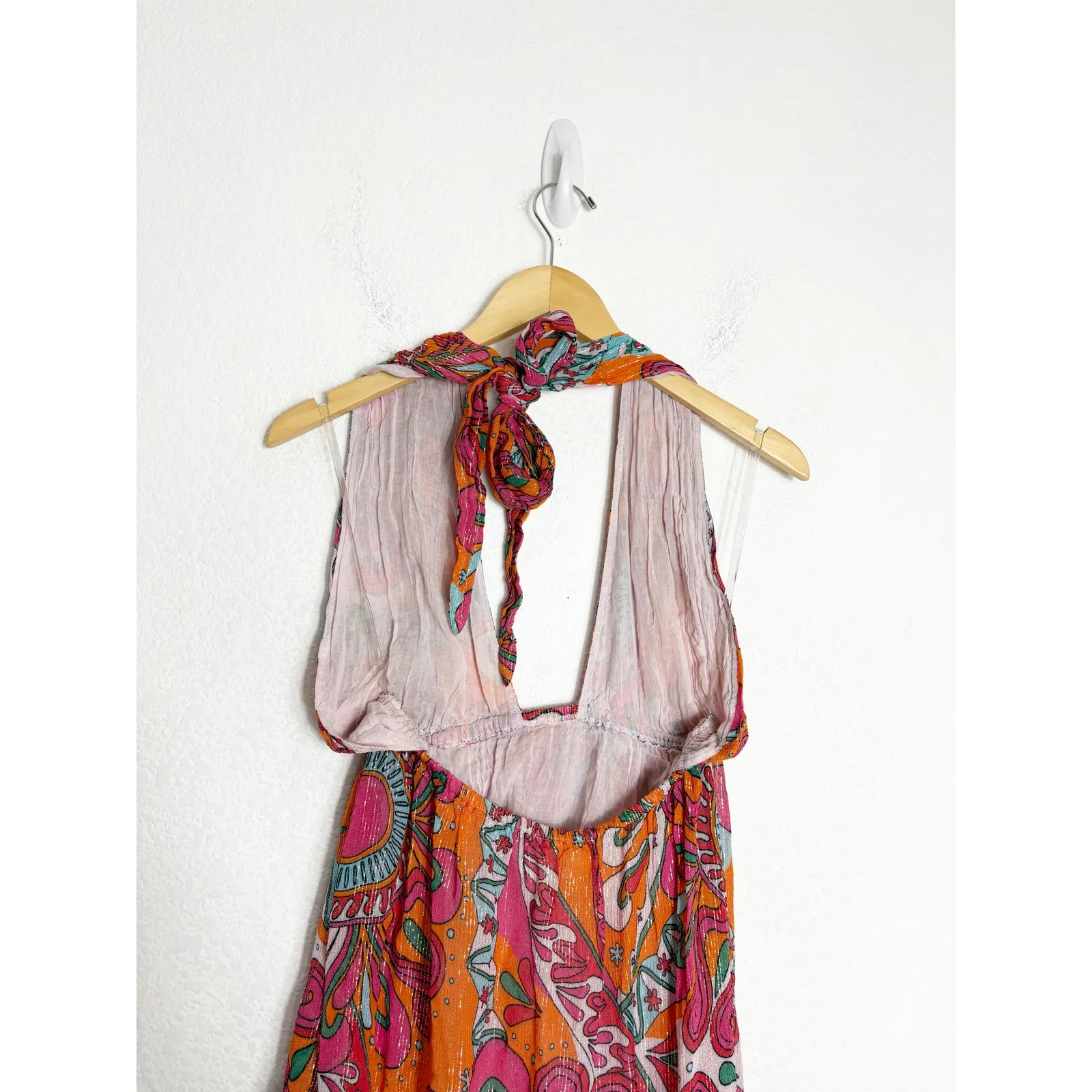 Sundress Amina Dress Size Large Fuchsia orange Print Halter Neck Asymmetric Hem - Image 13