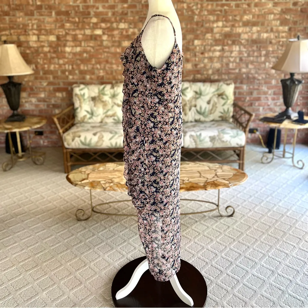 Leith Dress Midi Ruched Blue Floral Ruched Chiffon L Cocktail Party Chic Glam - Image 8