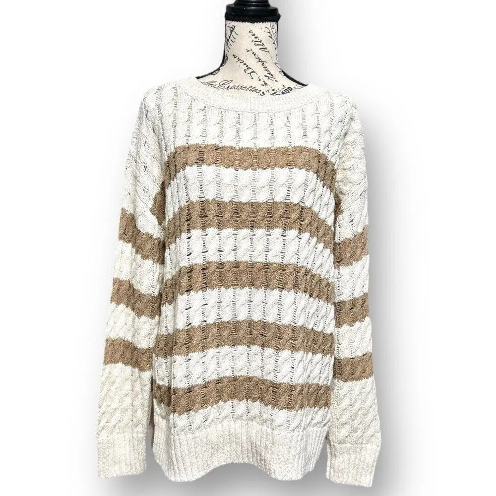Pilcro Anthropologie M Brown Stripe Cable Knit Sweater Preppy Academia Oversized - Image 4