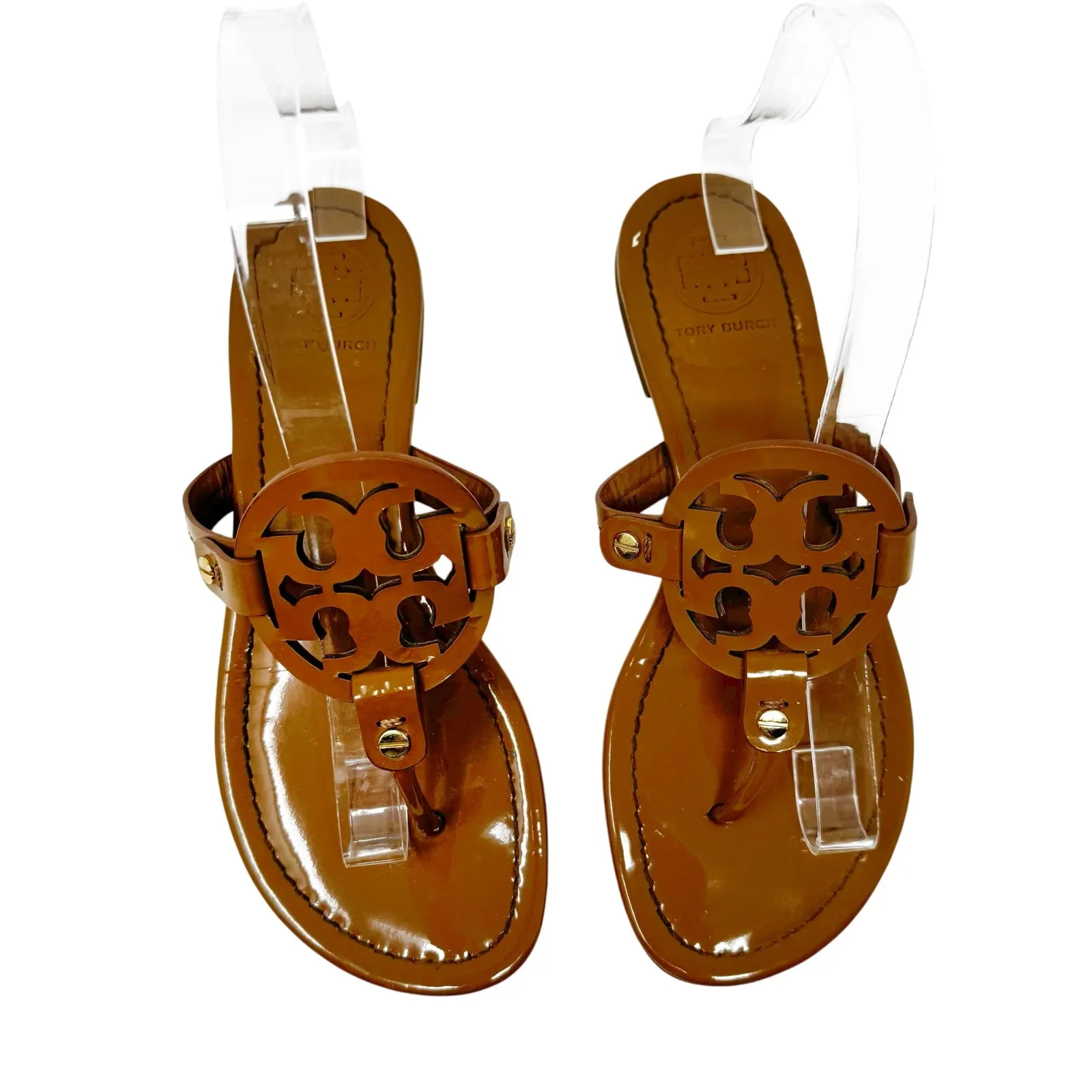 Tory Burch  Tan Caramel Patent Leather Miller Classic Designer Logo Sandals 7.5 - Image 2