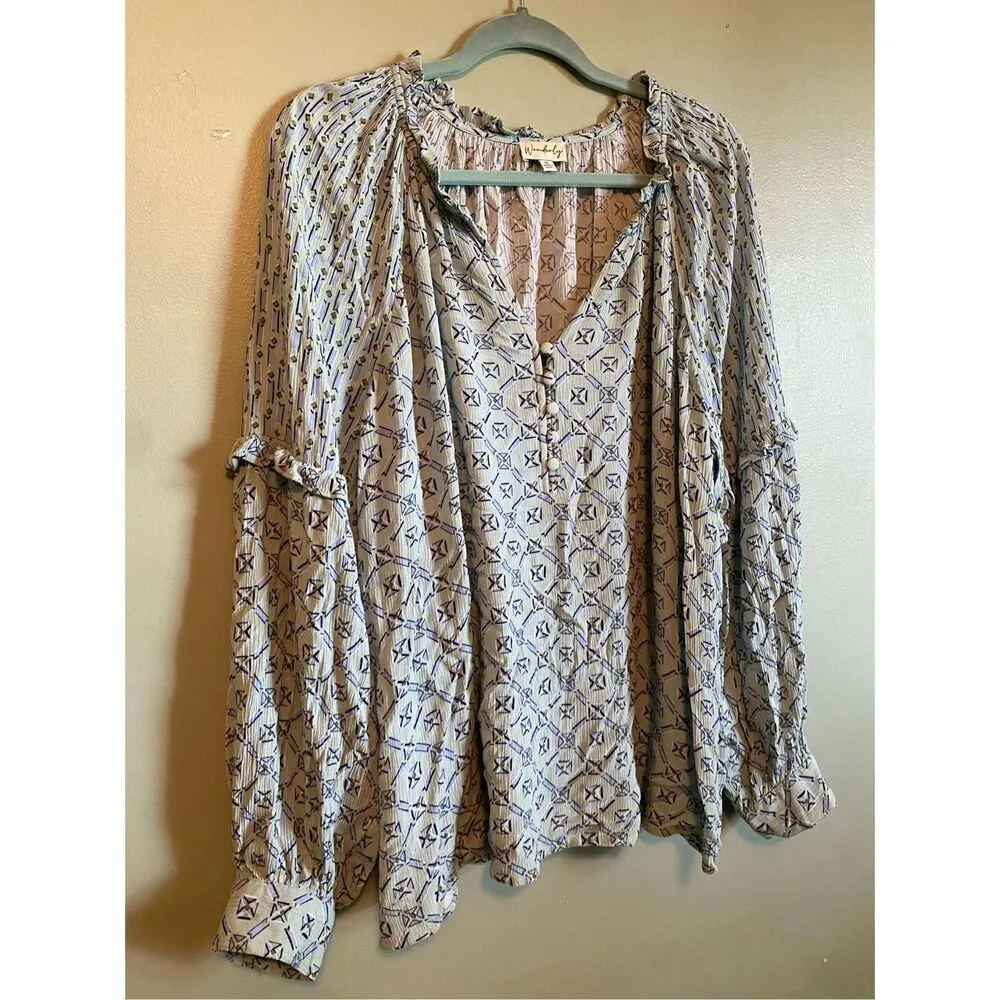Wonderly  Multi Geo Long Sleeve Split Neck Blouse Size XL - Image 3