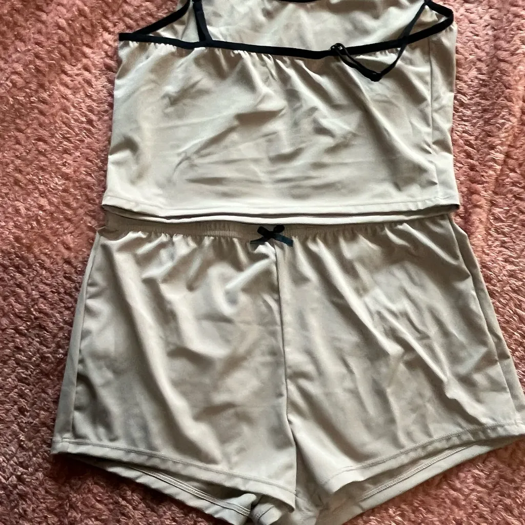 Cream and Black Pajama Set with Soft Fabric and Minimalist Design Bottoms+Top Size L - Image 1