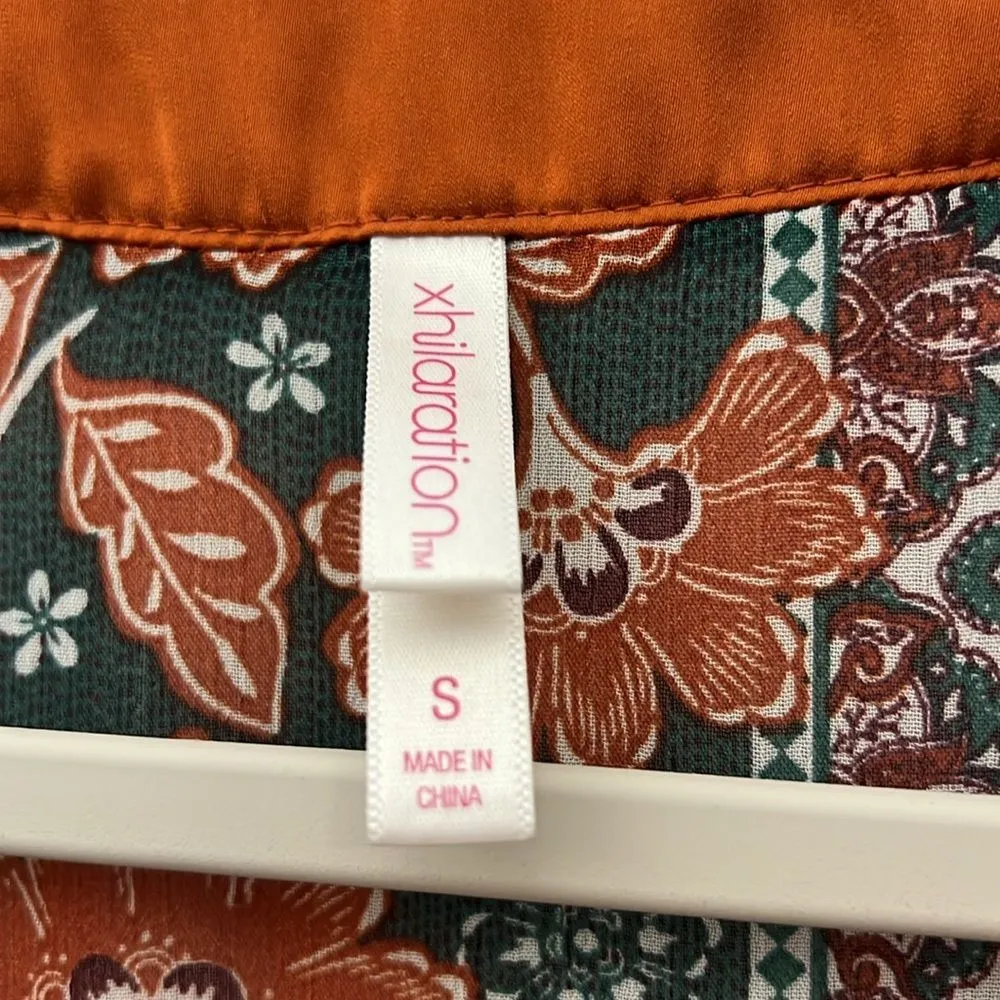 Bohemian Floral Festival Style Crepe Long Kimono Duster Sheer Orange Green Boho - Image 5