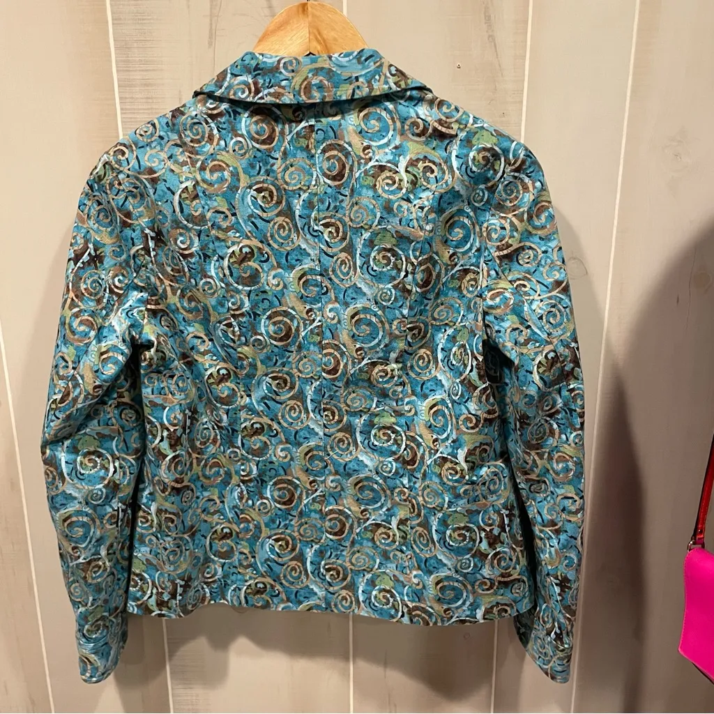 Cute aqua swirl cotton canvas jacket pockets chunky buttton front stretch - Image 4