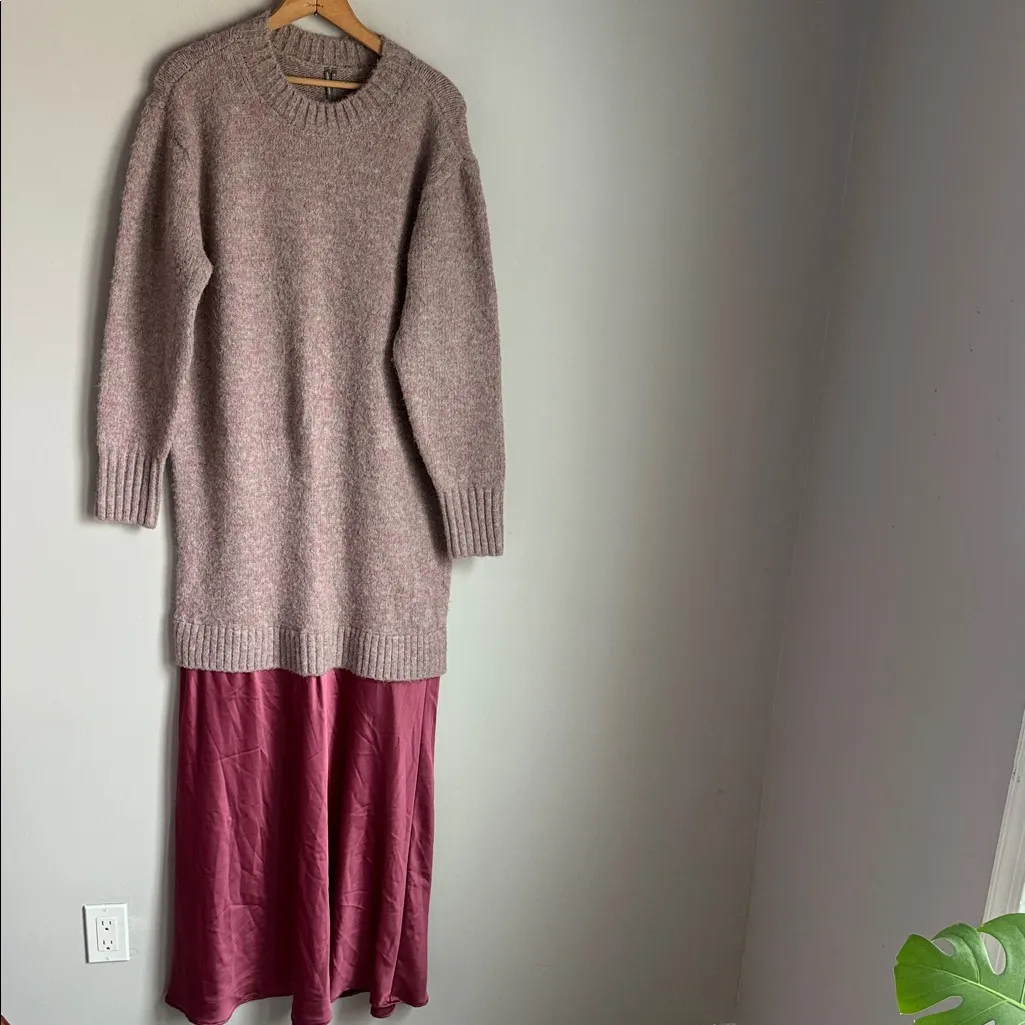 Anthropologie Long-Sleeve Twofer Sweater Slip Midi Dress Neutral Motif Medium - Image 2