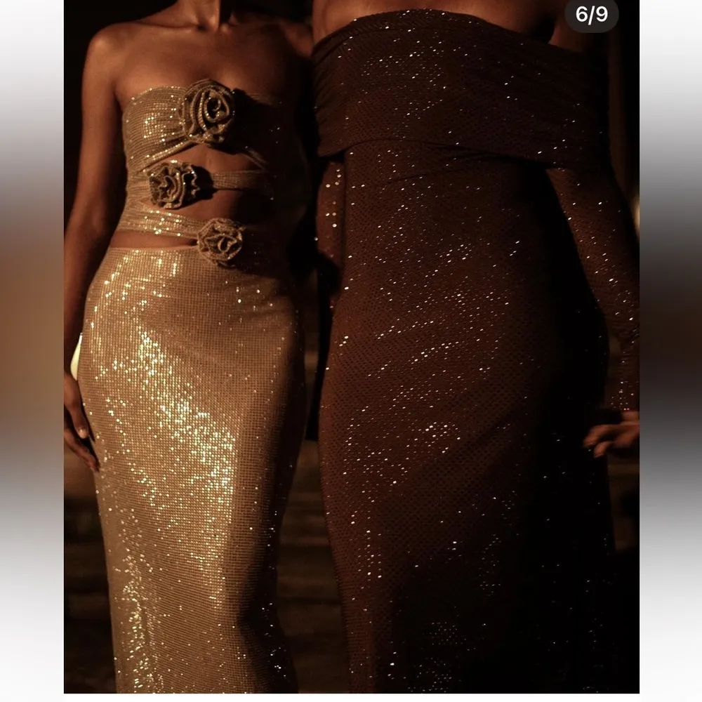 Meshki-  Stassie embellished Nude Strapless Flower Rose Diamante Maxi Dress - Image 7