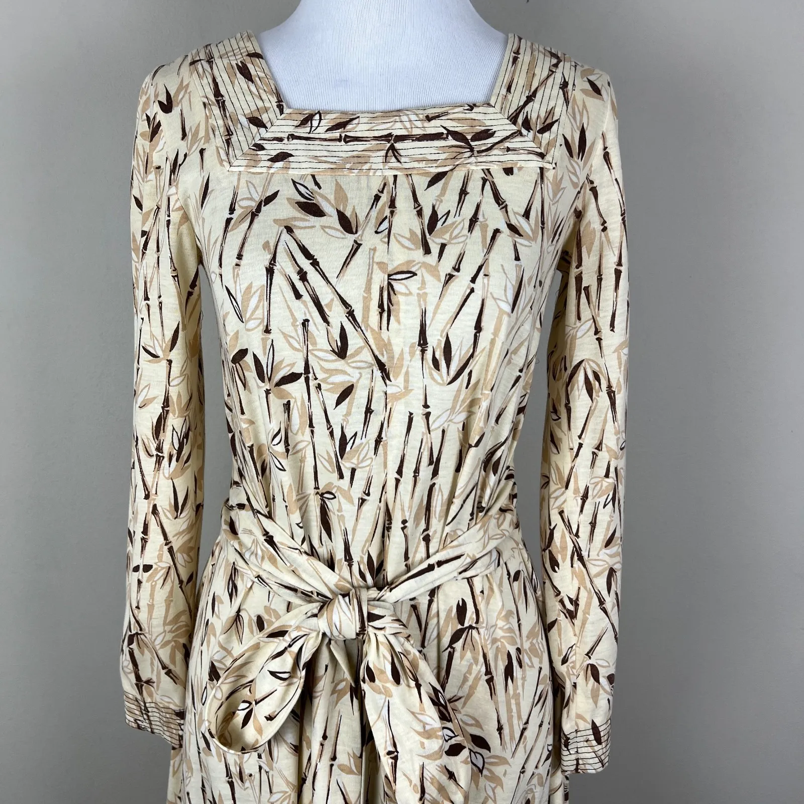 Vintage 70s Neiman Marcus Dress 6 Midi Bamboo Floral Belted A-Line Long Sleeve - Image 14