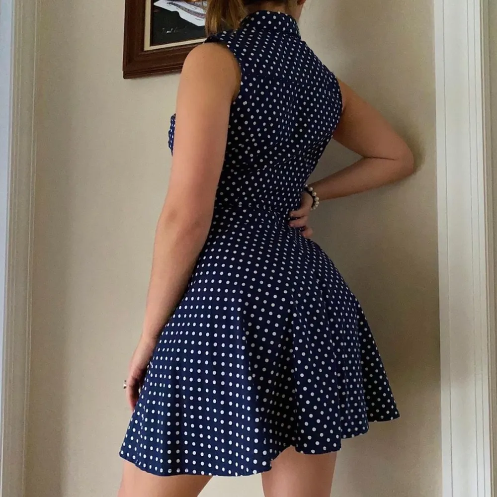 retro 60s style navy blue polkadot flare dress - Image 2