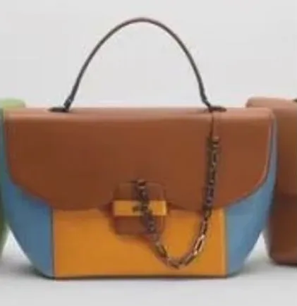 New Braun Buffel Colorblock Leather Satchel Frida Bag Top Handle Chain Accent Blue - Image 2