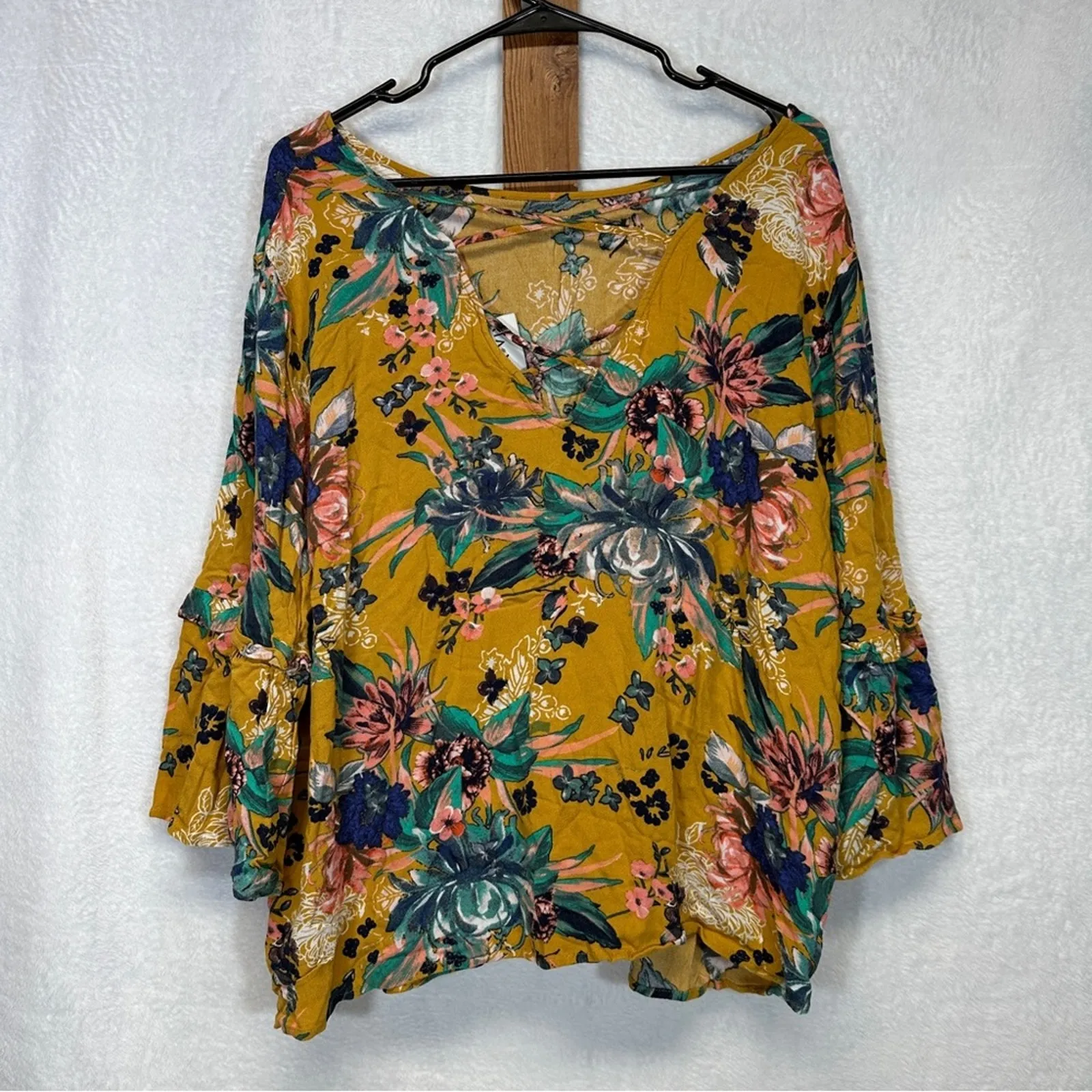 Ava &‎ Viv Mustard Floral Print 3/4 Sleeve Bell Sleeve Strappy Blouse Size 3X - Image 6