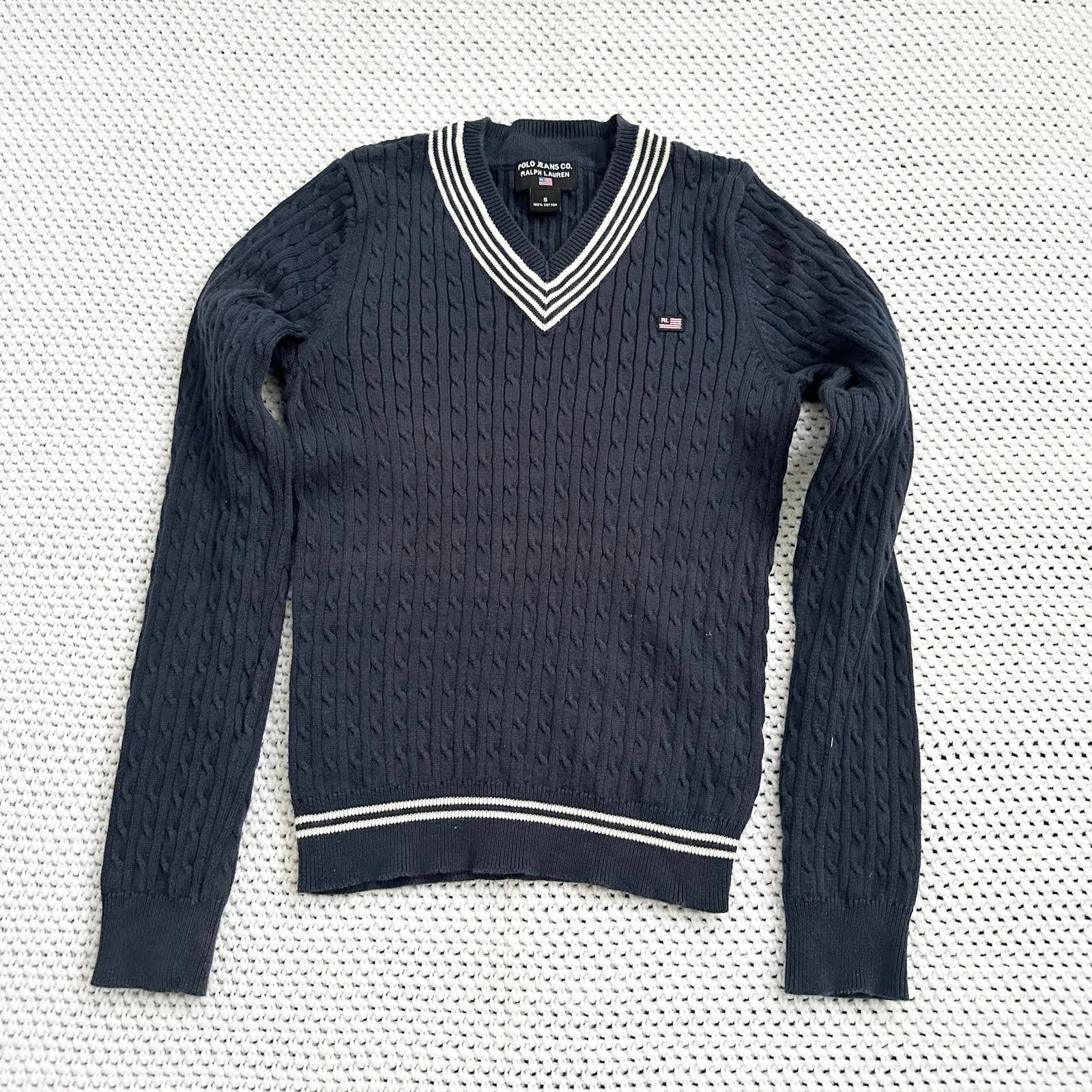 Polo Ralph Lauren Navy Blue Cable Knit Vintage Y2K Varsity V Neck Sweater Small - Image 7