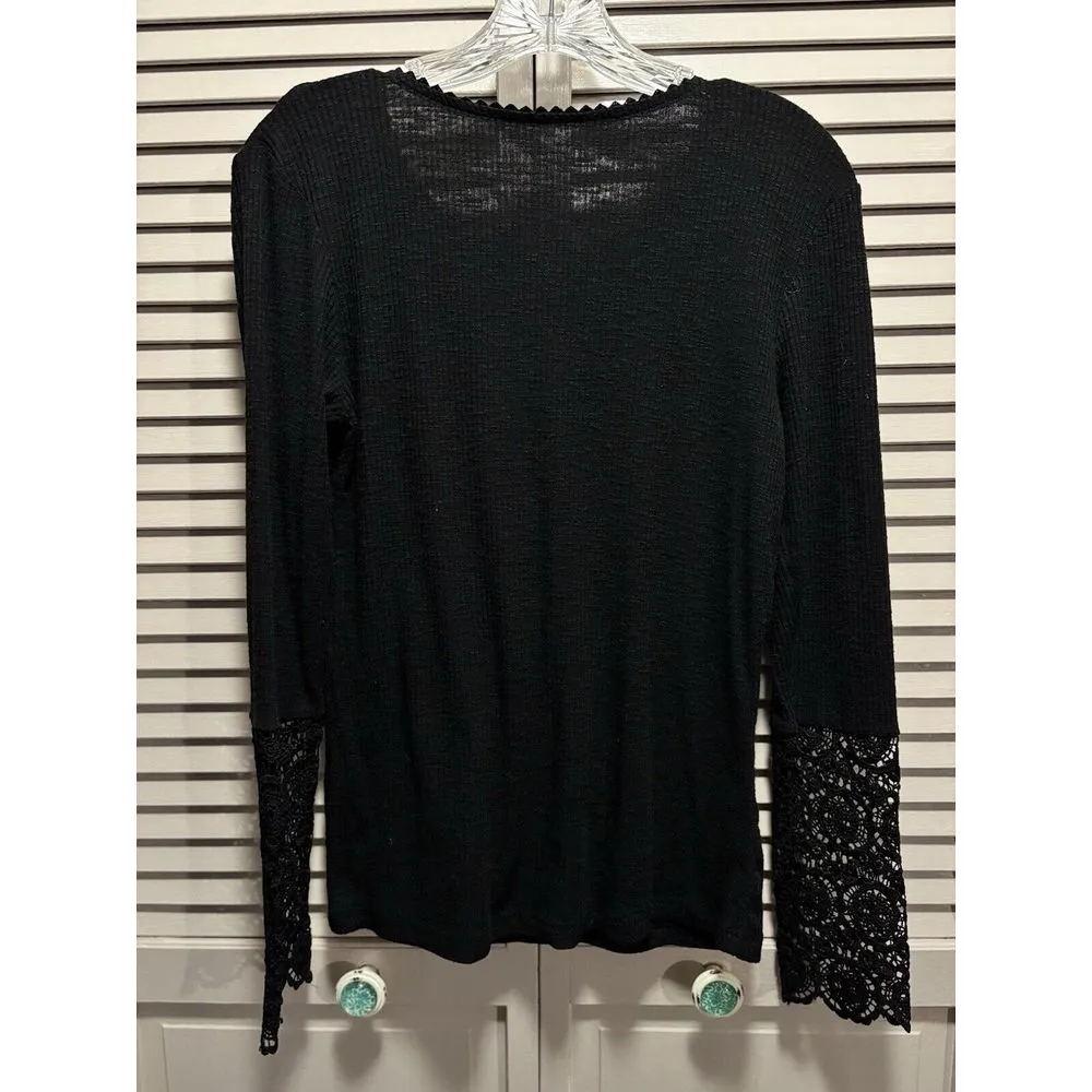 No Brand Black Ribbed Sweater Round Neck Long Crochet Sleeve Size M Buttons Size M - Image 5