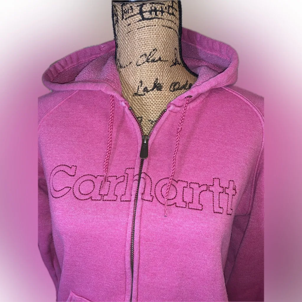 Vintage Carhartt Women's Fuchsia Pink Embroidered Zip-Up Chore Hoodie Jacket S - Image 5