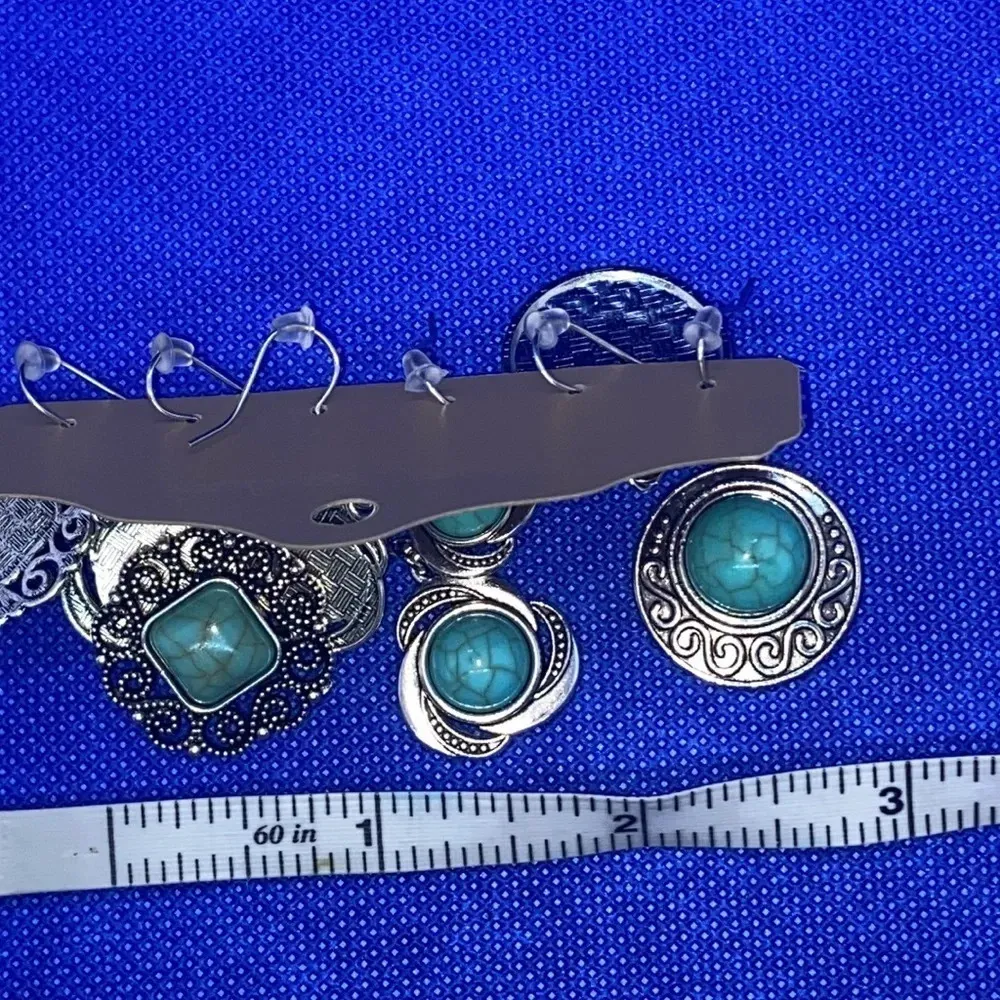 New bohemian geometric pattern faux turquoise earrings antique finish 3 pair Blue - Image 4