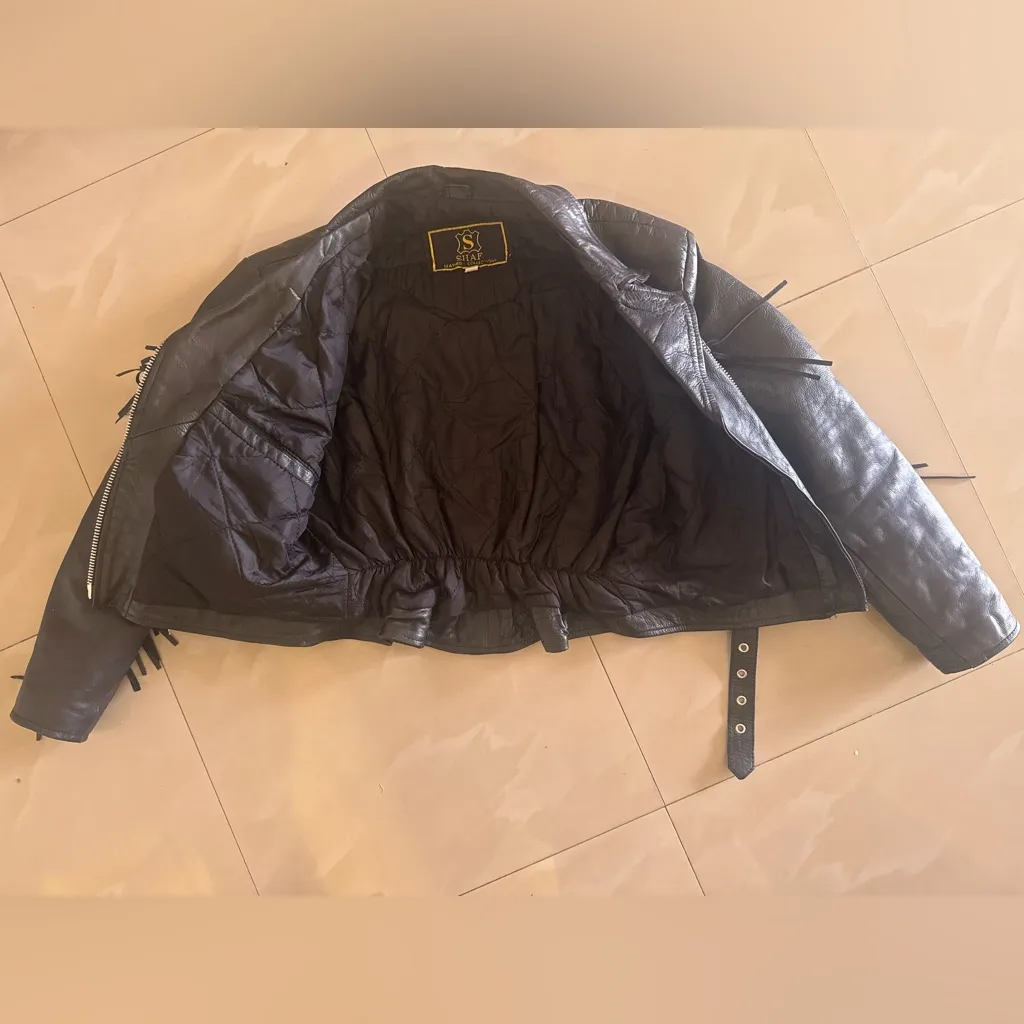 Vintage SHAF Black Leather Biker Jacket Fringe Motor Harley Davidson XL Motorcy - Image 10