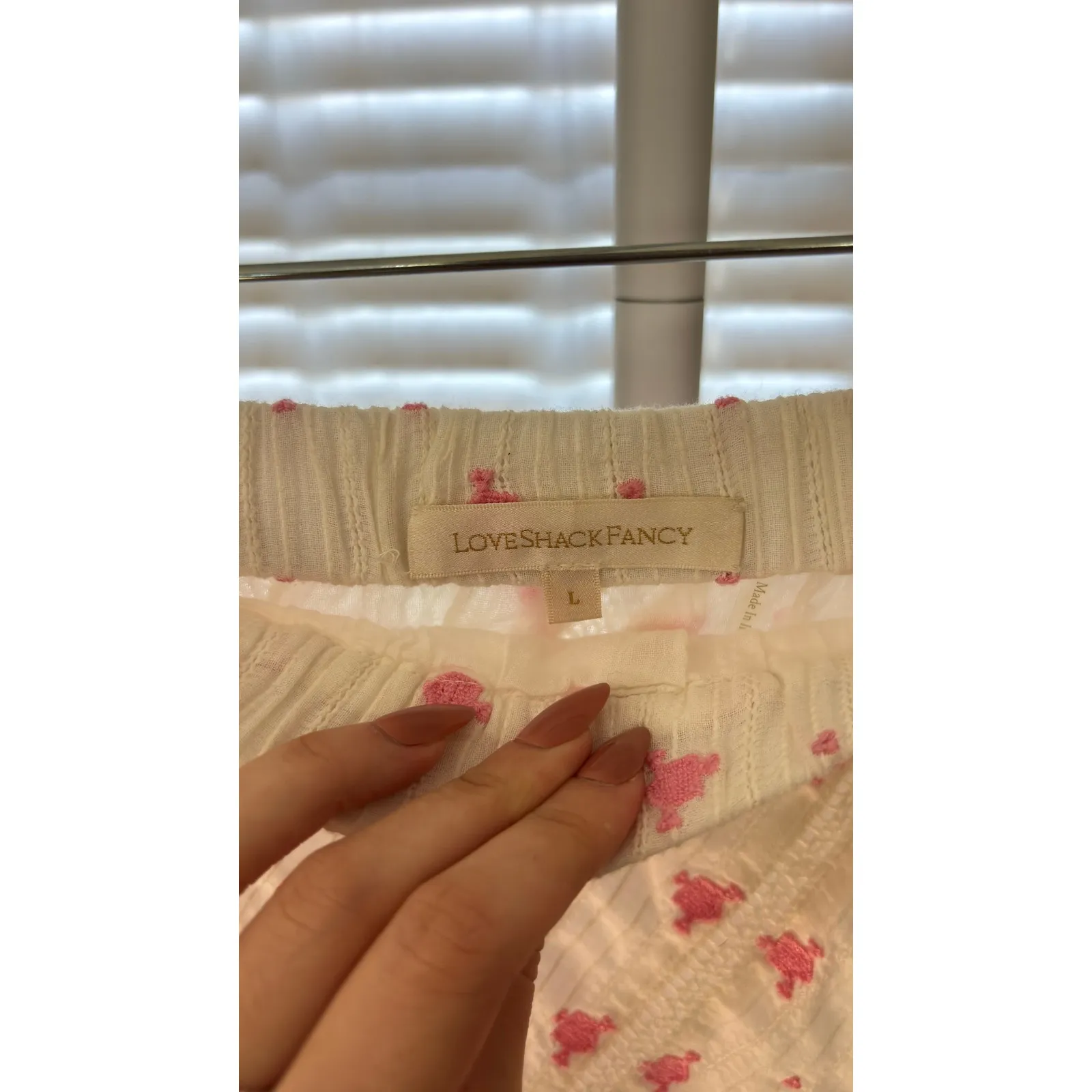 $245 LoveShackFancy Ruffle Mini Skirt Pink Hearts Lace Trim White Cotton L - Image 3