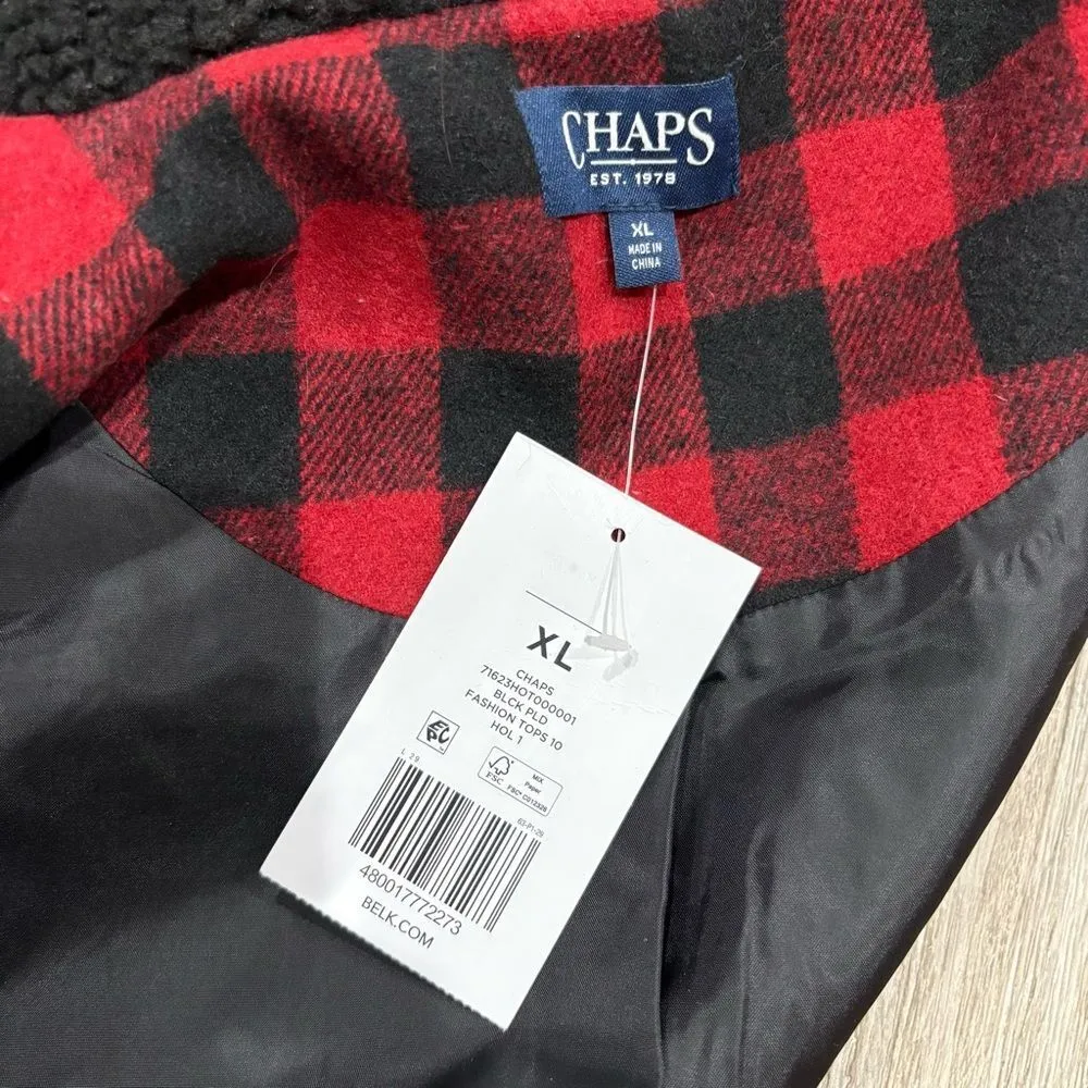 Chaps Red and Black Plaid Fringe Jacket with sherpa collar NWT Size XL - Image 2
