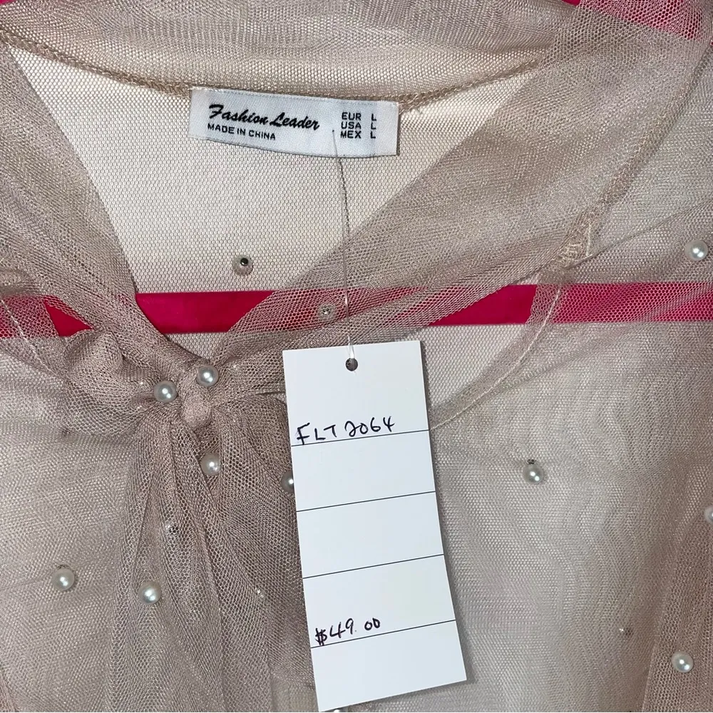 Fashion Leader L Tan Mesh Top Pearl Beaded Long Ruffle Sleeves Size L - Image 4