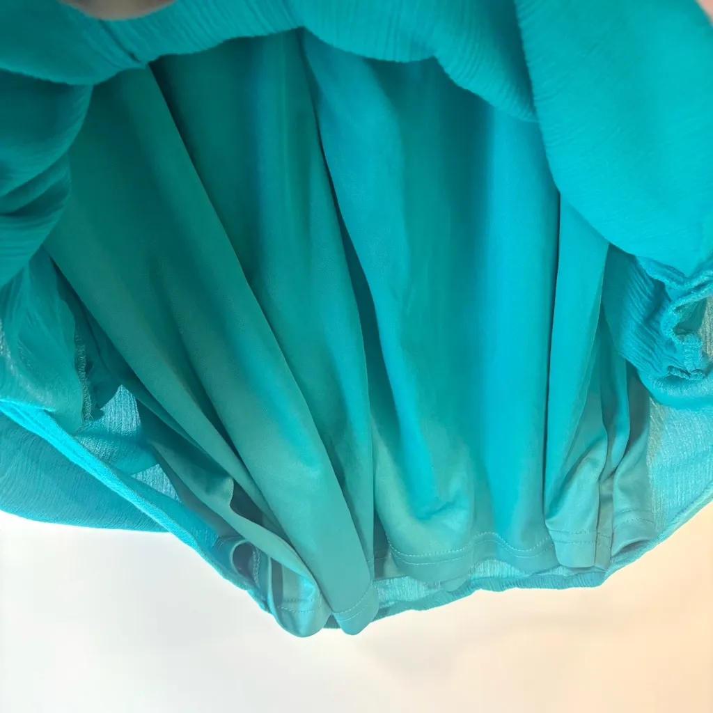 Cato Teal Off The Shoulder Mini Dress White Embroidered Eyelet Bell Sleeve Boho - Image 9