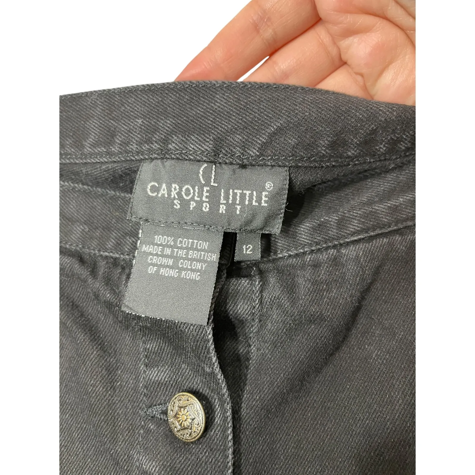 Vintage Carole Little Sport Black Denim Jean Skirt Maxi Button Front Embroidered Size 12 - Image 5