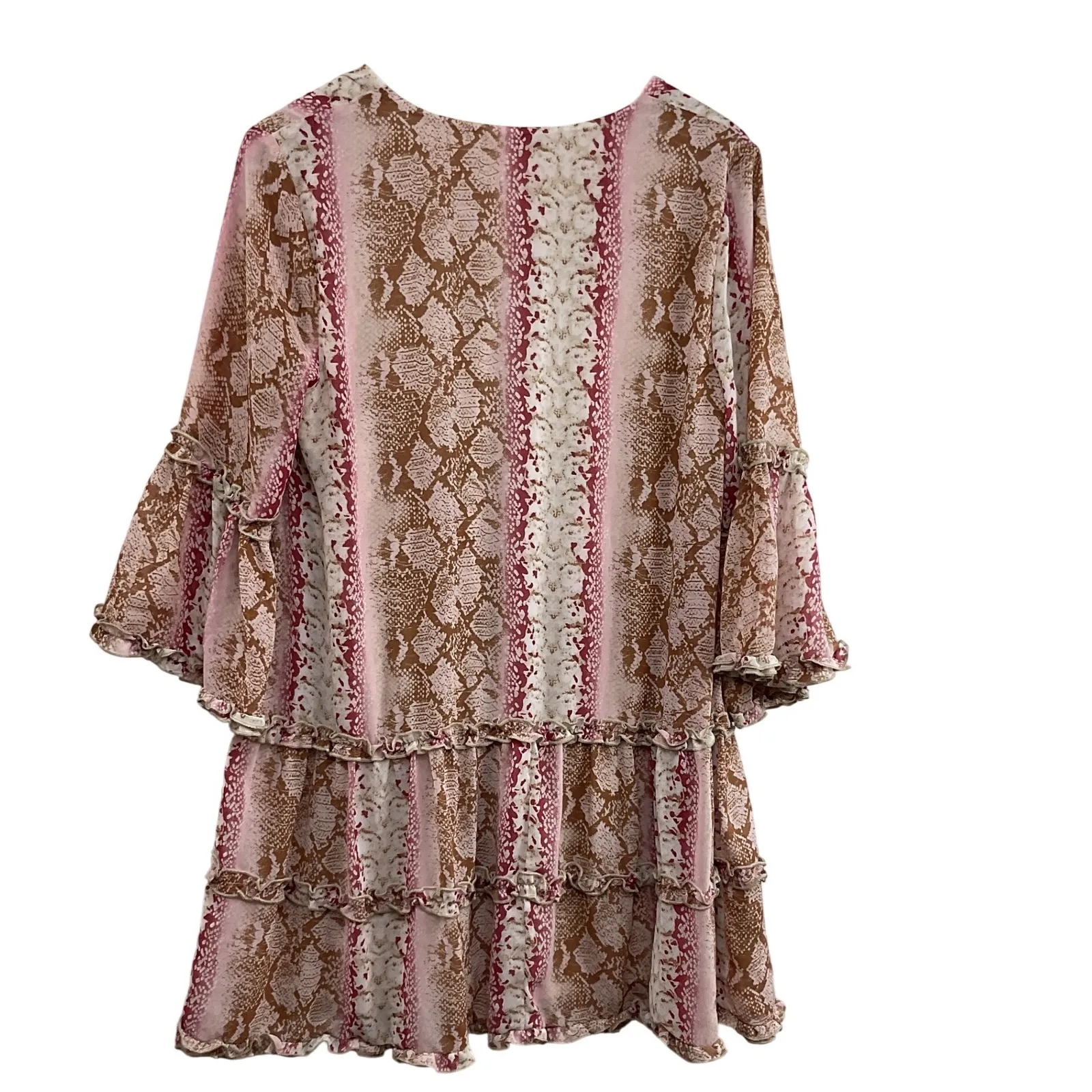Entro Snake Print Ruffle Tiered V Neck Bell Sleeve Mini Dress Size M - Image 4