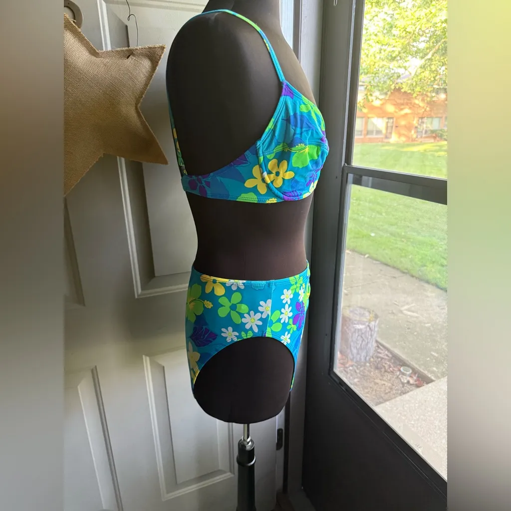 Vintage Le Cove blue flower power high waist underwire bikini, size 14 - Image 4