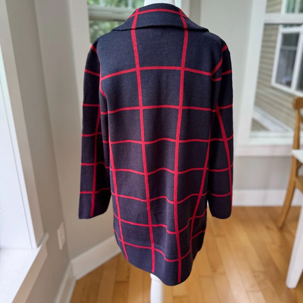 Anne Klein Navy Blue Red Windowpane Plaid Gold Button Knit Blazer Sweater Coat M - Image 4