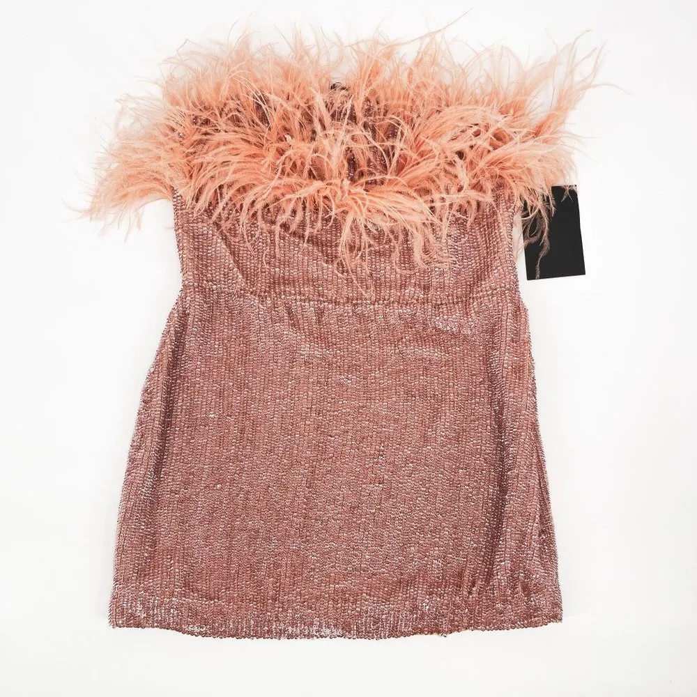 Retrofete Torin Feather Sequin Strapless Mini Dress Dusty Peach Pink - Image 5