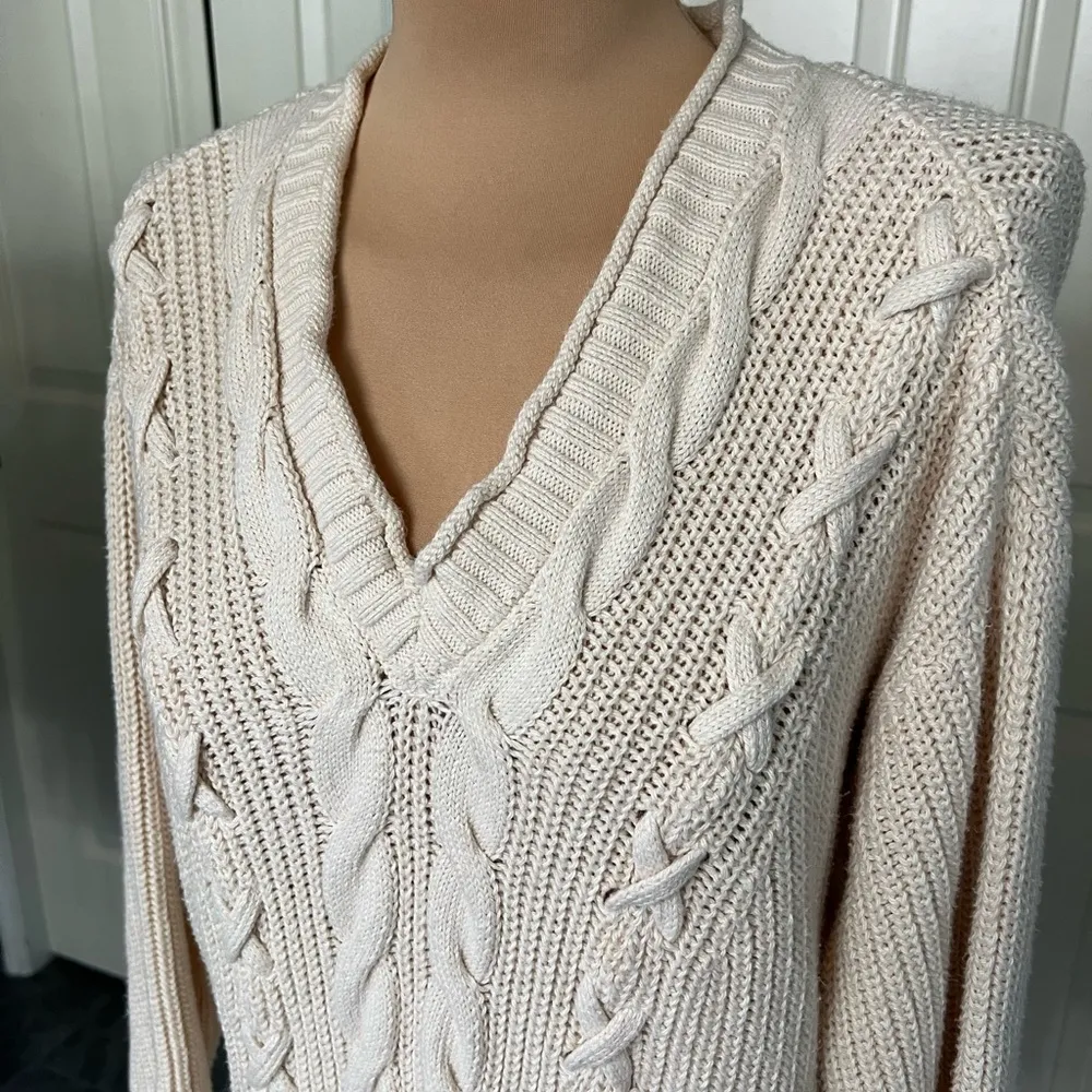 Pure‎ Handknit Cream Cable Knit Pullover V Neck Boho Sweater - Image 2