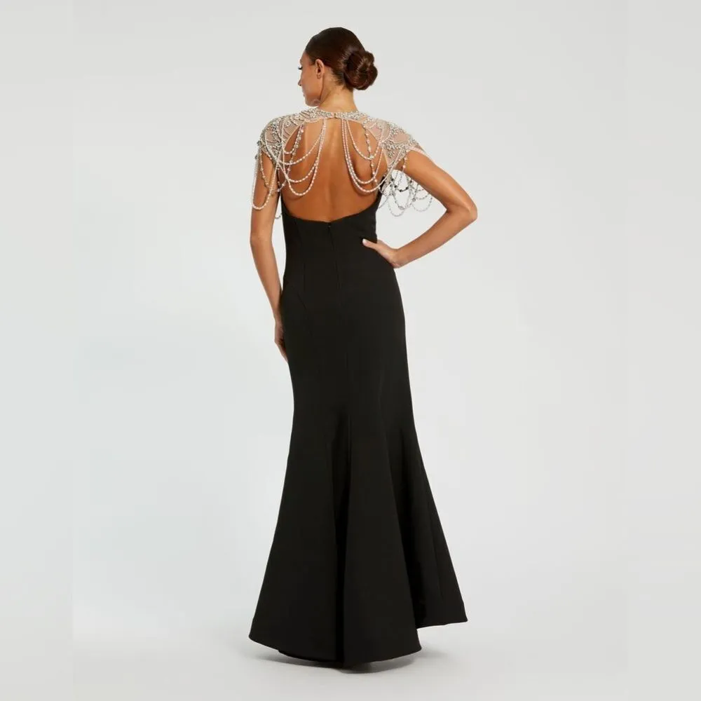 MAC DUGGAL 11775 Black Draped Pearl Beaded Mermaid Gown Dress - Image 5
