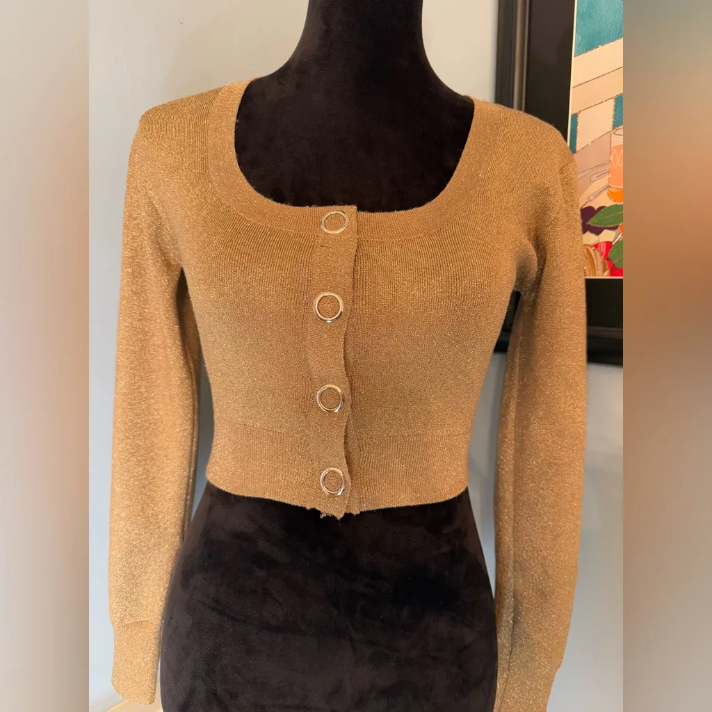 Metallic Gold Lurex Cropped Cardigan from Pinup Girl Clothing Sz M Size M - Image 2